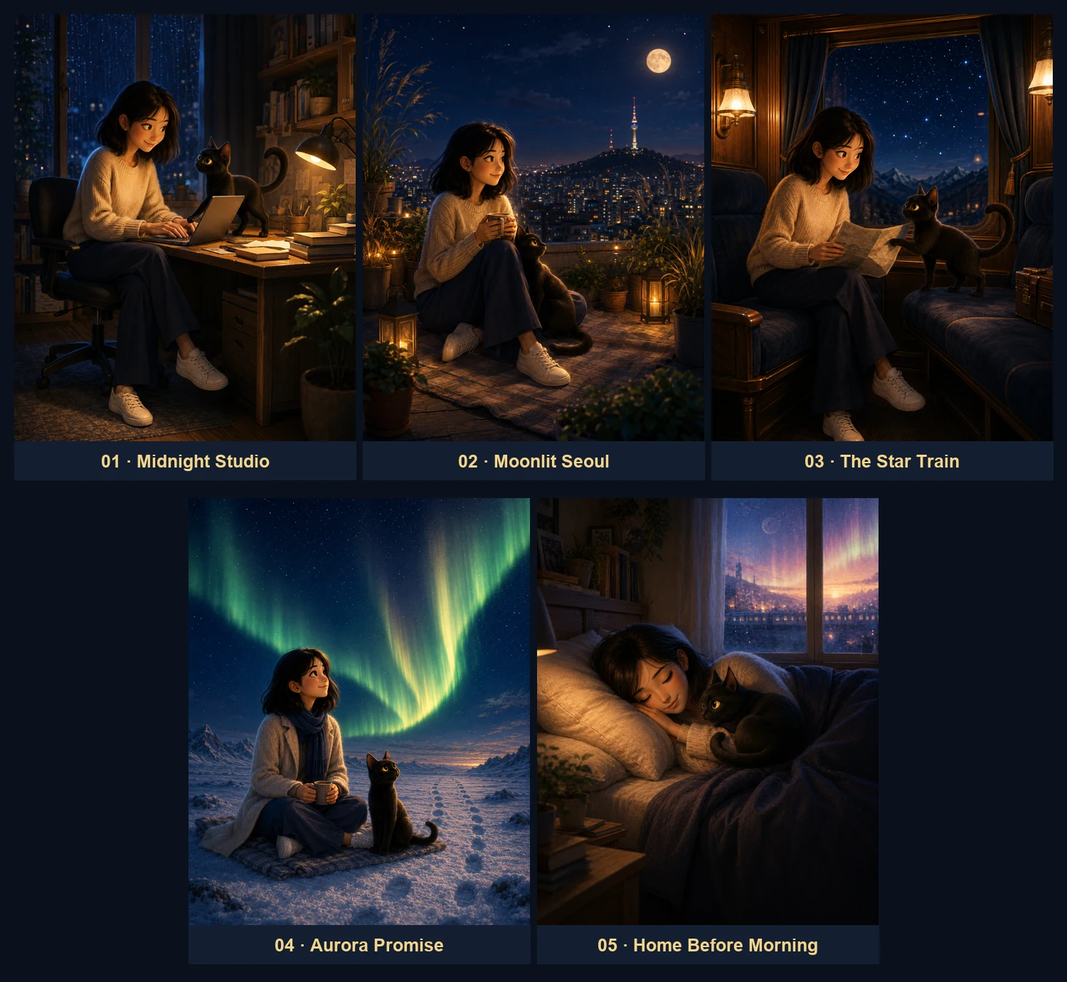 Midnight Studio, Moonlit Seoul, The Star Train, Aurora Promise, Home Before Morning으로 이어지는 혜 언니와 Lumi의 다섯 장 storybook